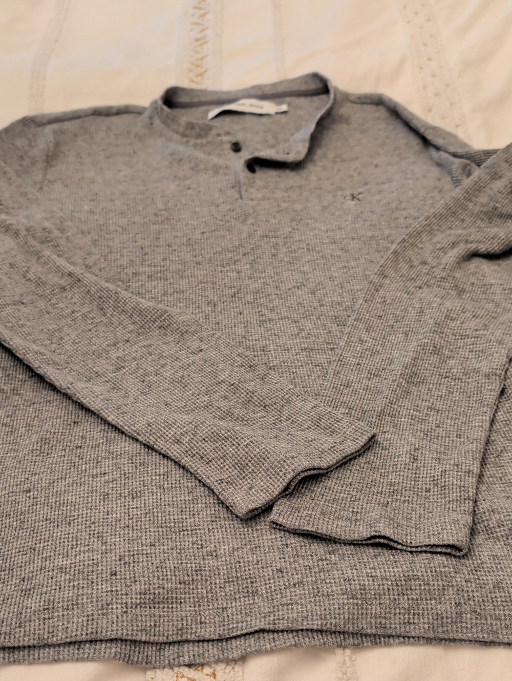 Calvin Klein Jeans Grey Henley Waffle-Knit Sweater
